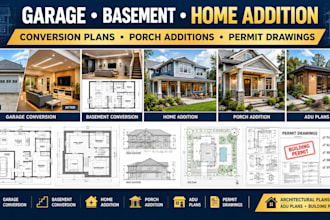 do garage conversion, basement, home addition porch plans with permit drawings