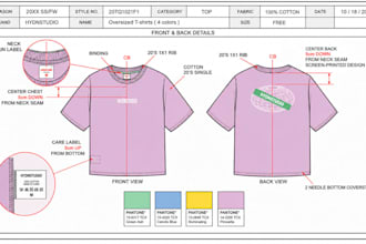 create an over sized t shirt and hoodie tech pack for clothing production