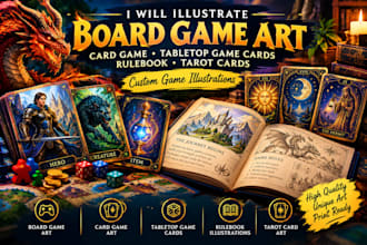 illustrate board game, card game, tabletop game cards, rulebook and tarot cards