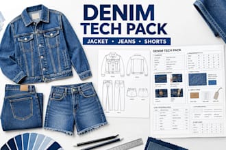 create denim jacket, jeans and shorts factory ready tech pack for production