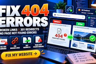 fix 404 errors, broken links, 301 redirects and page not found errors