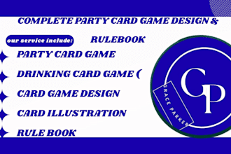 design party card game, drinking card game, card box, and tuck box packaging