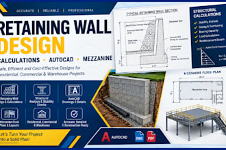 design retaining walls with calculations and mezzanine plans in autocad