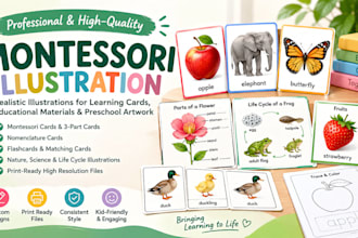 create realistic montessori illustrations, learning cards, educational materials
