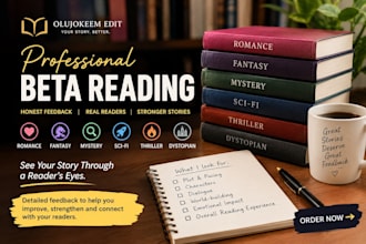 beta read your novel and give honest reader feedback on plot, pacing and