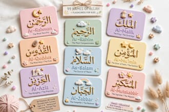 design 3d cute 99 names of allah flashcards for islamic kids and schools