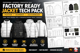 create factory ready jacket puffer bomber tech pack clothing manufacture design