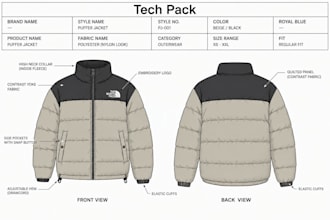 create streetwear puffer jacket manufacturing ready tech pack for fashion brands