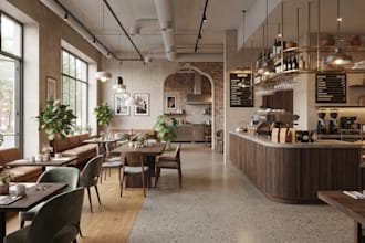 do 3d realistic shop interior, 3d restaurant design, coffee shop, 3d cafe render