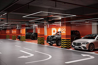 recreate 3d car showroom, cgi car dealership, parking garage,display hall render