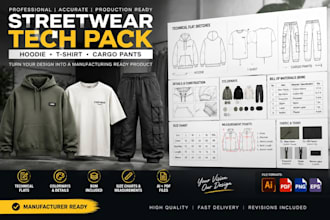 create streetwear clothing tech pack hoodie tshirt cargo pant production design