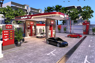 model 3d gas, cgi petrol filling station, kiosk, convenience store,ev hub render