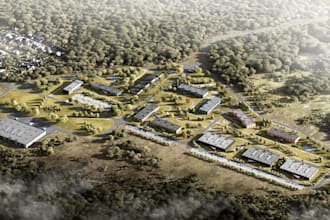 render 3d rural site plan, commercial spaces, landscape masterplan, aerial view