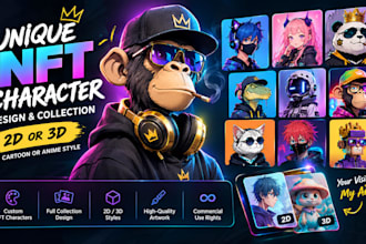 design unique nft character, 2d or 3d nft collection  in cartoon or anime style