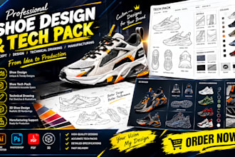 create shoe tech pack design sneakers boots loafers heels for manufacturing