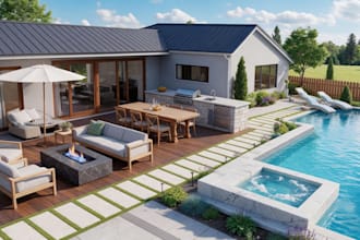 design pool landscape and backyard with outdoor kitchen, BBQ, firepit 3d render