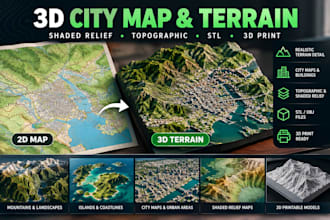 build 3d city map, terrain model landscape, shaded relief map for 3d printing