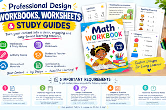 design educational workbooks, kids math worksheets, textbook and study guides