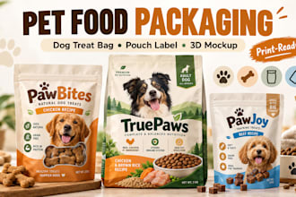design pet food packaging, dog treat bag, pouch label, pack design and 3d mockup