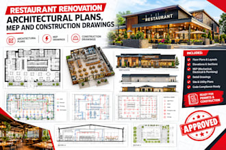 restaurant renovation architectural plans, mep and construction drawings
