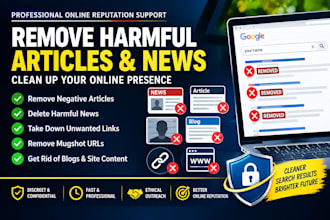 remove harmful articles, news, negative links, takedown mugshot url, blogs, site
