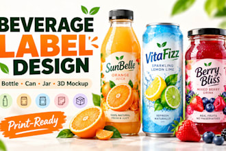 design beverage label, juice bottle, can, jar, sticker, drink pack and 3d mockup
