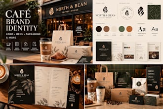 design coffee shop branding, cafe logo, menu and packaging brand kit