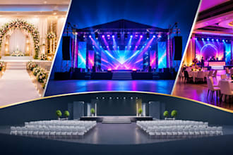 create 3d stage, event hall, concert and wedding design with lighting setup