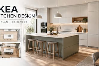create ikea kitchen design, 3d render, cabinet layout and remodeling plan online