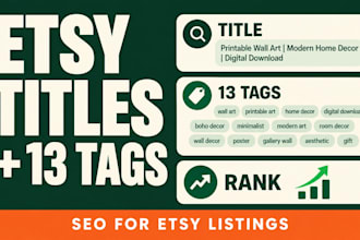 write SEO etsy titles and 13 tags to rank listings