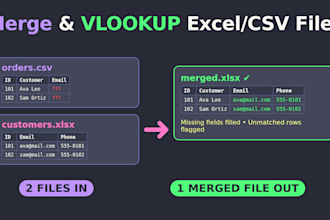 merge, match and vlookup two excel or CSV files