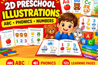create 2d preschool illustration, phonics, abc, numbers and learning pages