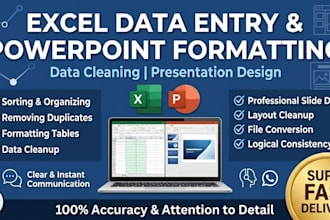 organize data format excel sheets and clean PPT slides for 1dollar to 10dollars