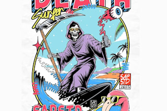 design a retro van beach surfer logo with vintage vector artwork
