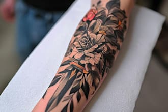 draw a detailed custom black work tattoo illustration