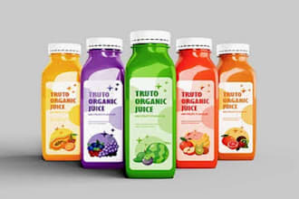 design beverage label, juice bottle, can, jar, sticker, drink pack and 3d mockup