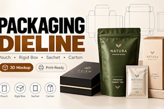 design packaging dieline, pouch, rigid box, sachet, carton, and 3d mockups