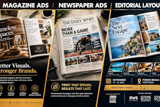 create editorial magazines layout, premium catalog brochure flyers, newspaper ad