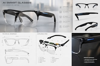 design futuristic ai smart glasses with 3d cad, renders and technical drawings