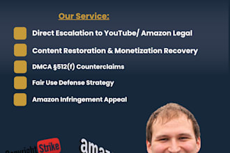 defend your youtube copyright strike, amazon infringement, dcma as a US attorney
