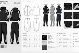 create streetwear set tech pack, hoodie jogger tracksuit and apparel designs