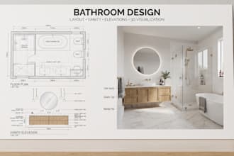 bathroom layouts, vanity cabinetry, floor plans, elevation, 3d visualization