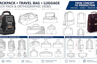 create bag tech pack, travel bag, luggage with orthographic view for production