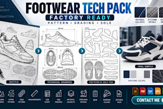 convert shoe pattern sketch into factory ready footwear vector production file