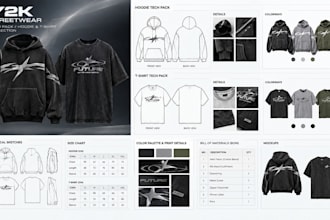 design y2k streetwear tech pack, hoodie, t shirt and oversized clothing design