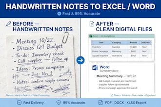 convert written notes image to text in excel or word format