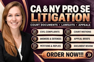 civil litigation attorney in ca,ny for pro se, court documents, lawsuits,appeals