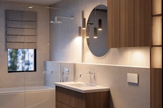 create modern bathroom interior with 2d technical drawings and realistic renders