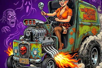 draw custom rat fink style hot rod cartoon design character and kustom kulture
