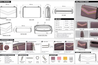 design production ready tech packs for handbags, purses and wallets